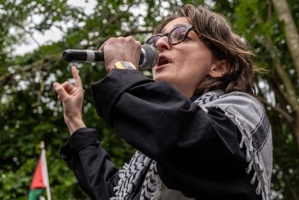 Luxx delivering a speech to the crowd. (Photo: Aidan Frere-Smith)