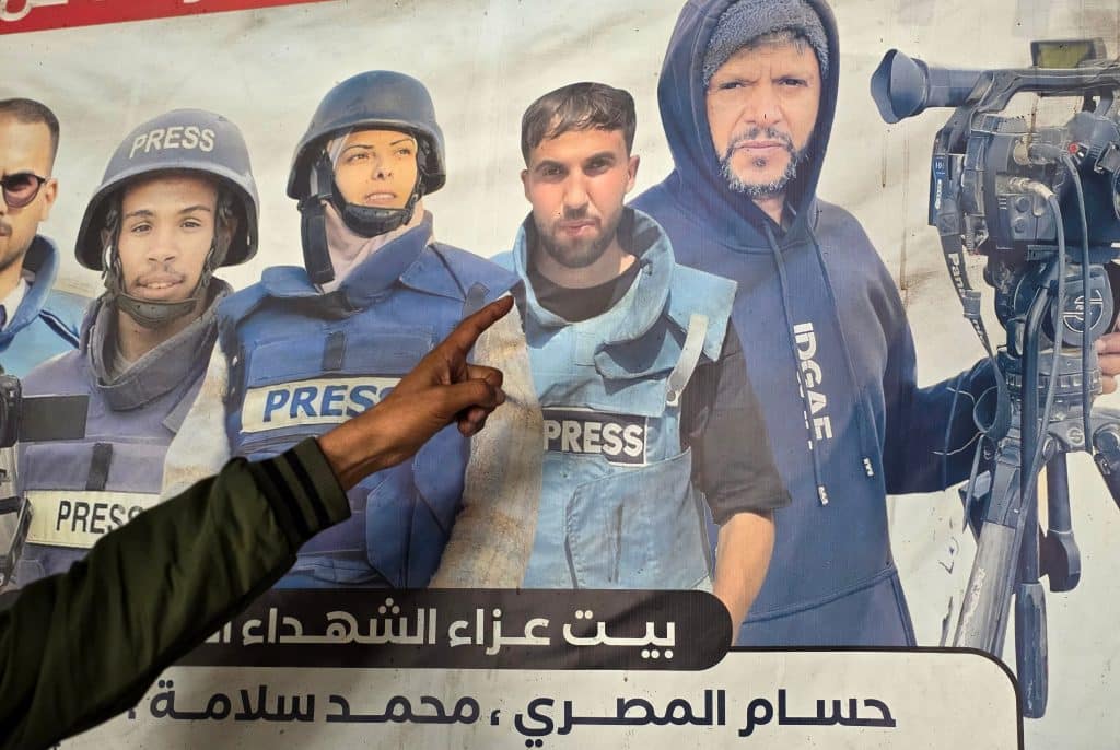 Family members of Palestinian journalist Hussam al-Masri remember his life and work, May 3, 2026, marking Press Freedom Day. (Photo: Tariq Mohammad/APA Images)