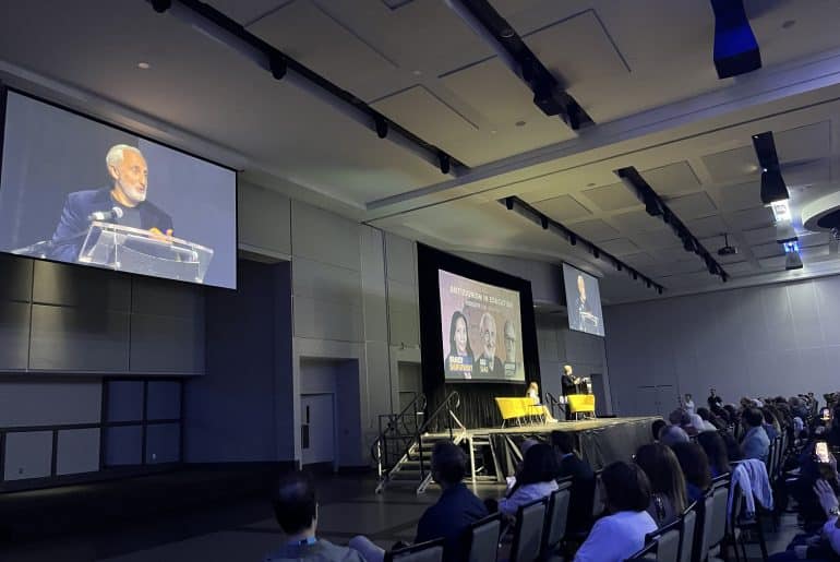 Gad Saad speaking to a panel at the World Symposium Against Antizionism (Photo: Shiri Pasternak)