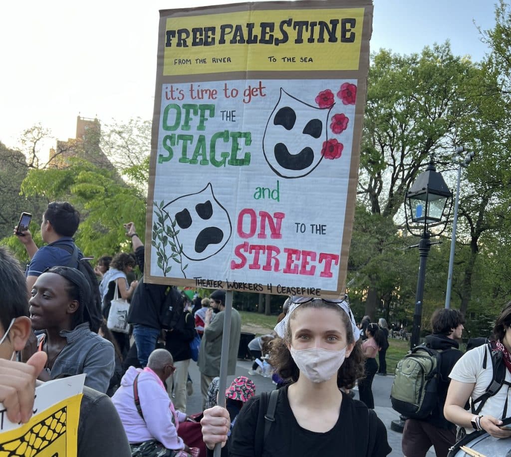 TW4C members in New York marched in solidarity with Palestine in Spring 2025. (Photo: Theater Workers for a Ceasefire)