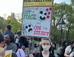 TW4C members in New York marched in solidarity with Palestine in Spring 2025. (Photo: Theater Workers for a Ceasefire)
