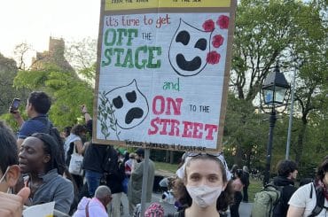 TW4C members in New York marched in solidarity with Palestine in Spring 2025. (Photo: Theater Workers for a Ceasefire)