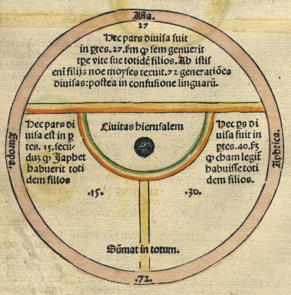 World map in the Fasciculus temporum of the Carthusian monk, Werner Rolewink, 1484. Woodcut.
