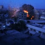 Smoke rises following an Israeli airstrike that targeted Dar al-Muttaqin Mosque in Gaza City, July 28, 2026. (Photo: Anas Nur /APA Images)