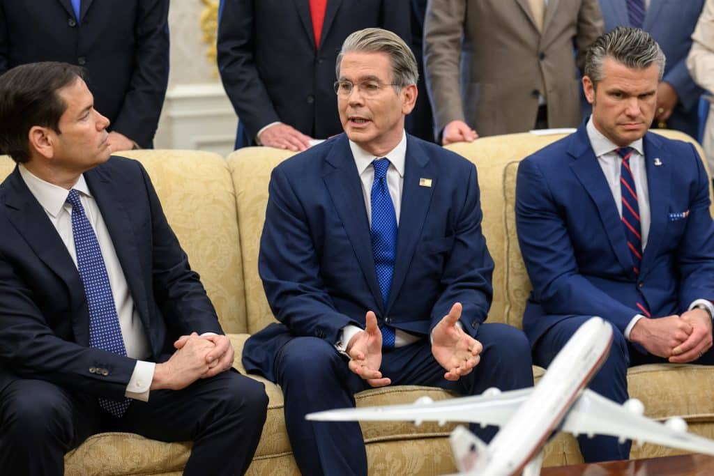 Secretary of the Treasury Scott Bessent speaks to U.S. President Donald Trump during a bilateral meeting with President Ferdinand Marcos Jr. of the Philippines, Tuesday, July 22, 2025, in the Oval Office. (Photo: White House/Flickr, by Daniel Torok)