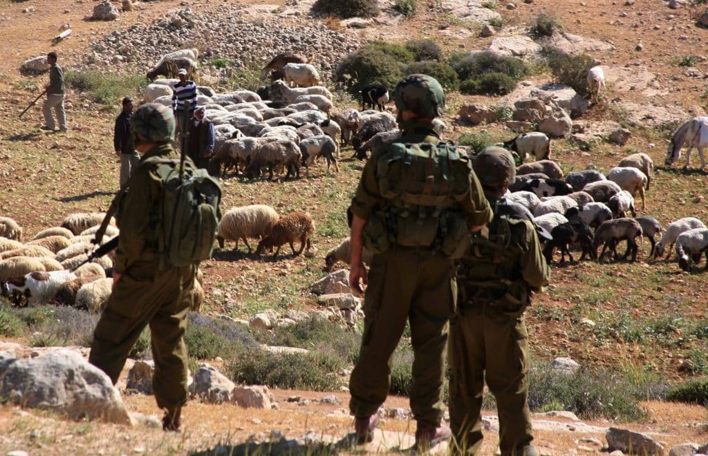 Israeli forces move Palestinian shepherds off their land to make way for Jewish Israeli settlers to farm the land near the Israeli settlement of Maaon, just south of the Palestinian village of Yatta, in the southern West Bank, April 21, 2012. (Photo: Mamoun Wazwaz/APA Images)