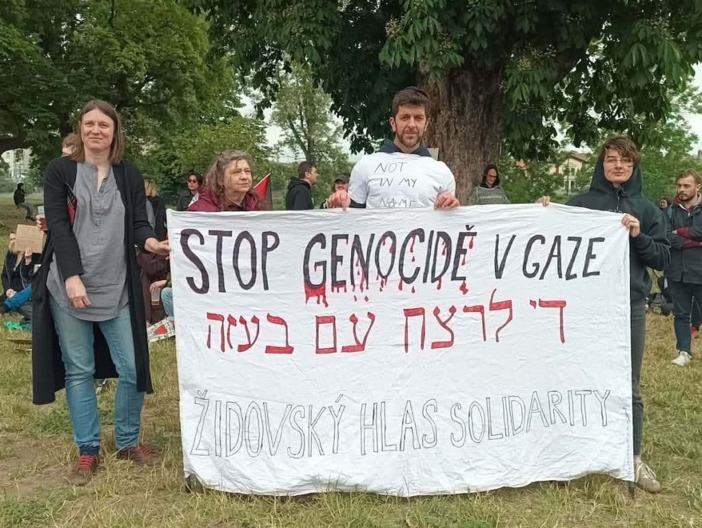 Members of Zidovsky Hlas Solidarity (Jewish Voice of Solidarity) at a protest in Prague.