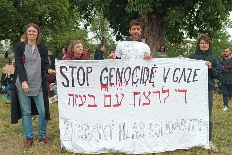 Members of Zidovsky Hlas Solidarity (Jewish Voice of Solidarity) at a protest in Prague.