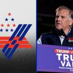 The AIPAC logo is seen on the left, and Mike Rogers is seen at the right, speaking at a rally with Donald Trump.