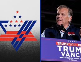 The AIPAC logo is seen on the left, and Mike Rogers is seen at the right, speaking at a rally with Donald Trump.