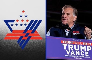 The AIPAC logo is seen on the left, and Mike Rogers is seen at the right, speaking at a rally with Donald Trump.
