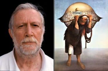 Left: Sliman Mansour. Right: "Camel of Burdens" by Sliman Mansour. (Photo: Wikimedia Commons/Palestinian Museum Digital Archive)