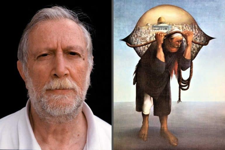 Left: Sliman Mansour. Right: "Camel of Burdens" by Sliman Mansour. (Photo: Wikimedia Commons/Palestinian Museum Digital Archive)