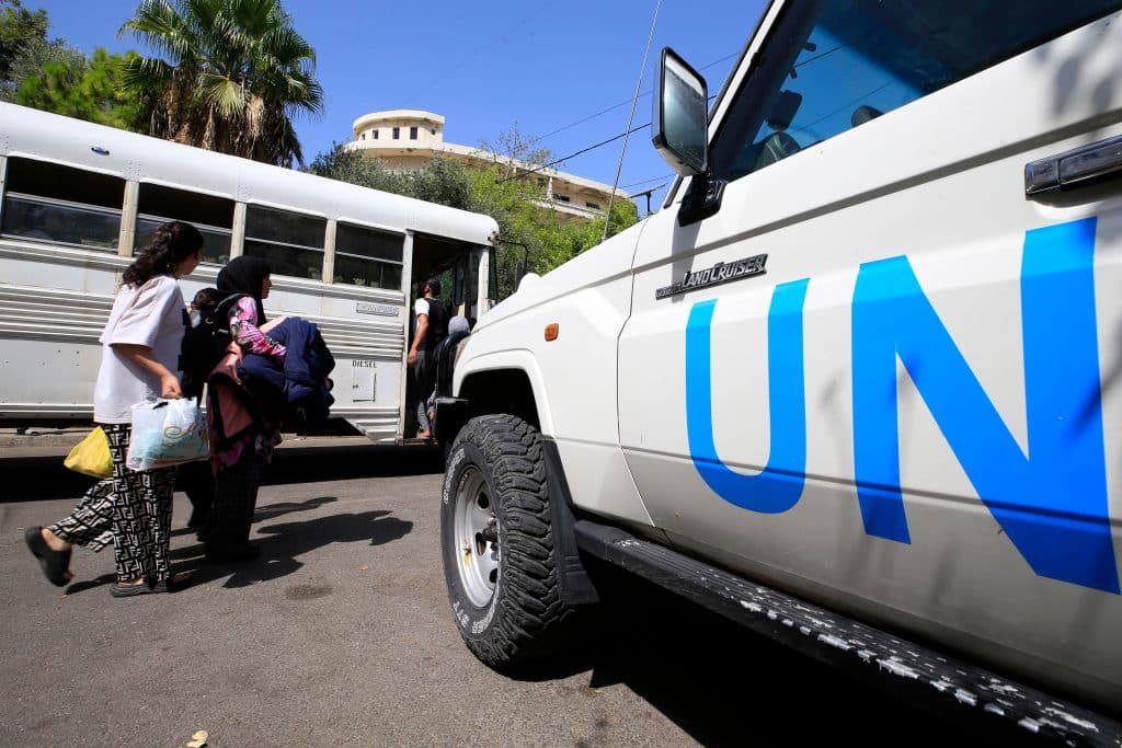 Palestinians from Ain al-Helweh refugee camp prepare to move from a shelter in Sidon to a center of the United Nations Relief and Works Agency for Palestine Refugees (UNRWA) in Mount Lebanon Governorate, Lebanon, September 12, 2023. (Photo: Ali Hashisho/Xinhua via ZUMA Press/APA IMAGES)