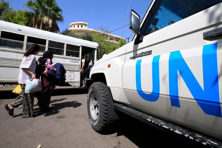 Palestinians from Ain al-Helweh refugee camp prepare to move from a shelter in Sidon to a center of the United Nations Relief and Works Agency for Palestine Refugees (UNRWA) in Mount Lebanon Governorate, Lebanon, September 12, 2023. (Photo: Ali Hashisho/Xinhua via ZUMA Press/APA IMAGES)