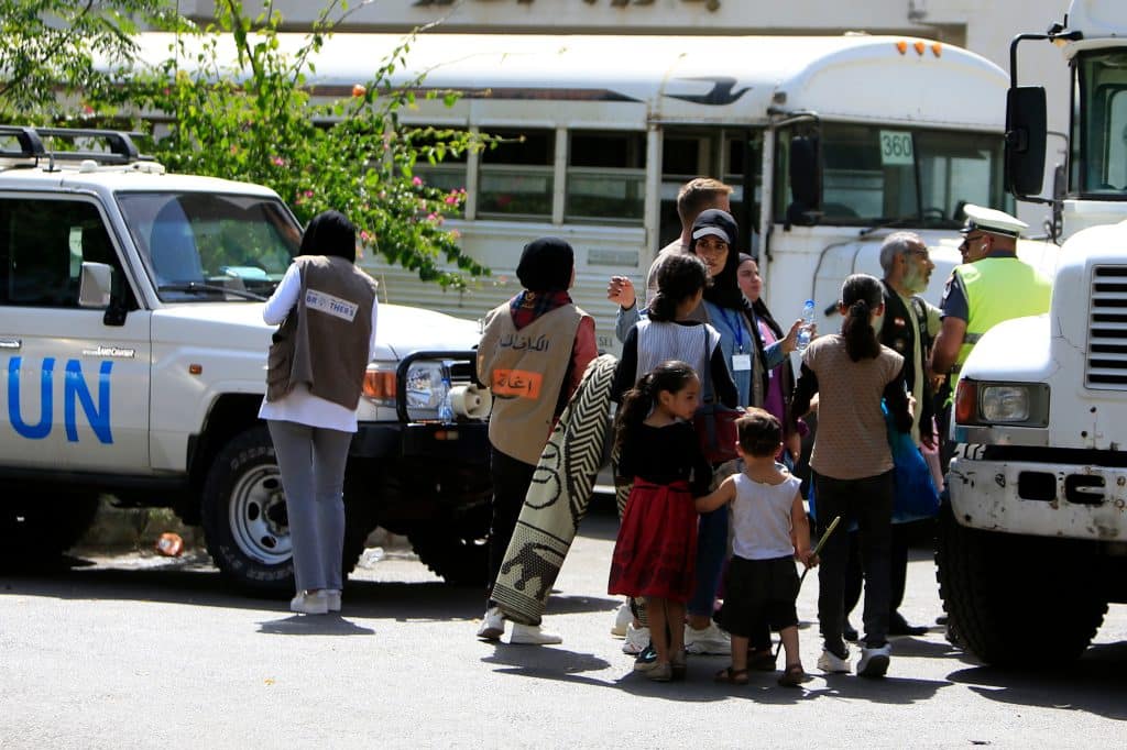 Palestinians from Ain al-Helweh refugee camp prepare to move from a shelter in Sidon to a center of the United Nations Relief and Works Agency for Palestine Refugees (UNRWA) in Mount Lebanon Governorate, Lebanon, September 12, 2023. (Photo: Ali Hashisho/Xinhua via ZUMA Press/APA IMAGES)