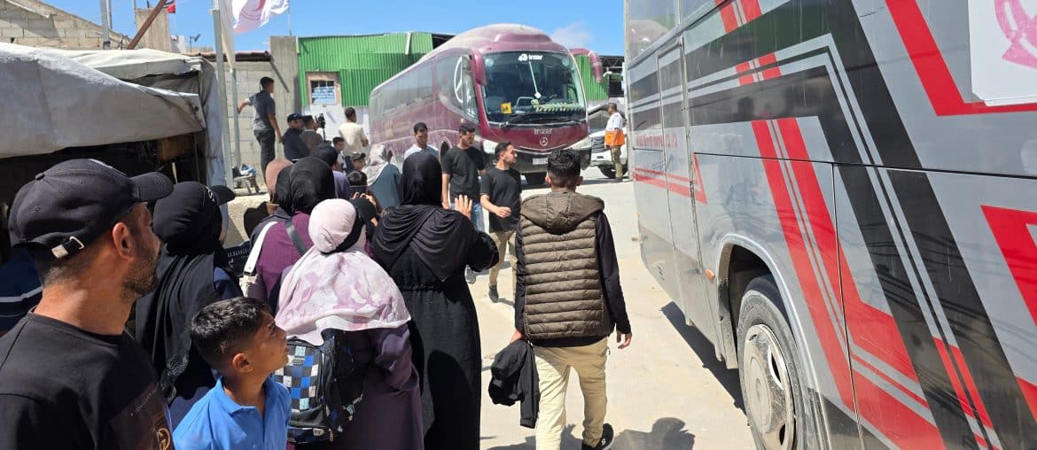 Palestinian patients accompanied by their relatives line up to depart Gaza for the Rafah crossing for treatment abroad, June 17, 2026. (Photo: Tariq Mohammad/APA Images)