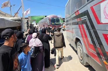 Palestinian patients accompanied by their relatives line up to depart Gaza for the Rafah crossing for treatment abroad, June 17, 2026. (Photo: Tariq Mohammad/APA Images)