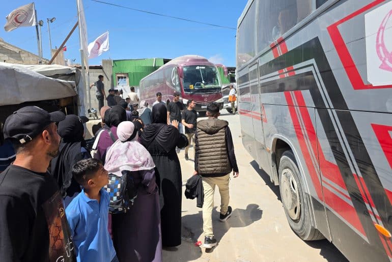 Palestinian patients accompanied by their relatives line up to depart Gaza for the Rafah crossing for treatment abroad, June 17, 2026. (Photo: Tariq Mohammad/APA Images)