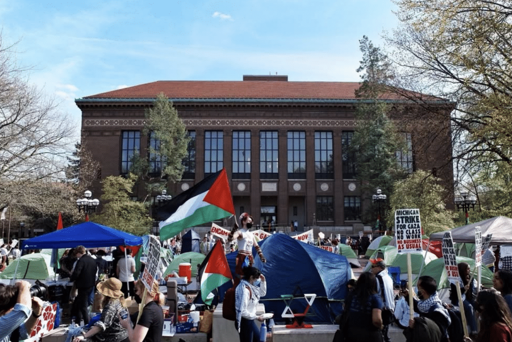 “The Gaza solidarity encampment at the University of Michigan, which was violently disbanded by UM police in May 2024. Photo by TAHRIR Coalition.”