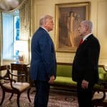 President Donald Trump and Israeli Prime Minister Benjamin Netanyahu speak privately in the Vermeil Room before a dinner, Monday, July 7, 2025, at the White House. (Official White House Photo by Daniel Torok)
