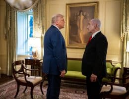 President Donald Trump and Israeli Prime Minister Benjamin Netanyahu speak privately in the Vermeil Room before a dinner, Monday, July 7, 2025, at the White House. (Official White House Photo by Daniel Torok)