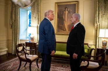 President Donald Trump and Israeli Prime Minister Benjamin Netanyahu speak privately in the Vermeil Room before a dinner, Monday, July 7, 2025, at the White House. (Official White House Photo by Daniel Torok)